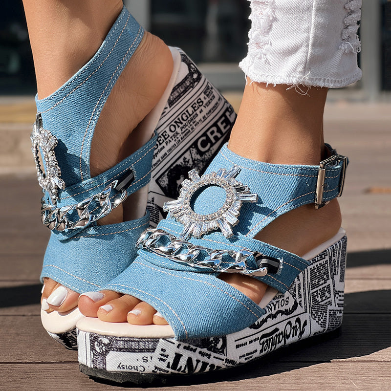 Newspaper Buckle Denim Wedge Slides - Anklet Not Included Newspaper Buckle Denim Wedge Slides - Anklet Not Included