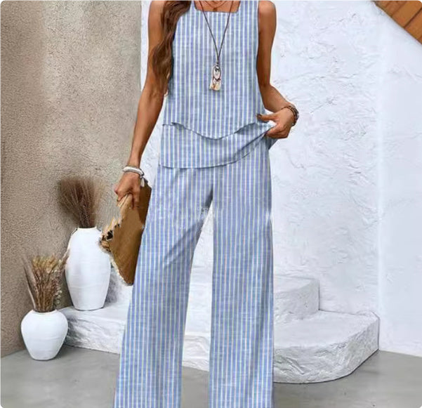 Print Suits Sleeveless Double-layer Vest And Loose Straight Pants Womens Clothing Print Suits Sleeveless Double-layer Vest And Loose Straight Pants Womens Clothing