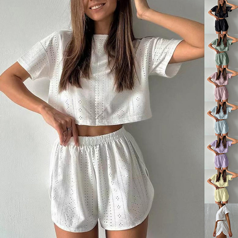 2pcs Casual Hollow Suit With Short-sleeved Crop Top And Elastic Slit Shorts Summer Fashion Sport Clothing For Women 2pcs Casual Hollow Suit With Short-sleeved Crop Top And Elastic Slit Shorts Summer Fashion Sport Clothing For Women