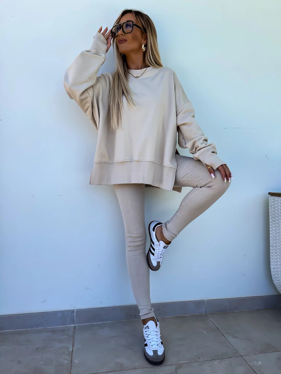 Sweater Suit Women's Casual Loose Long Sleeve Crew Neck Split Top Tight Trousers Sweater Suit Women's Casual Loose Long Sleeve Crew Neck Split Top Tight Trousers