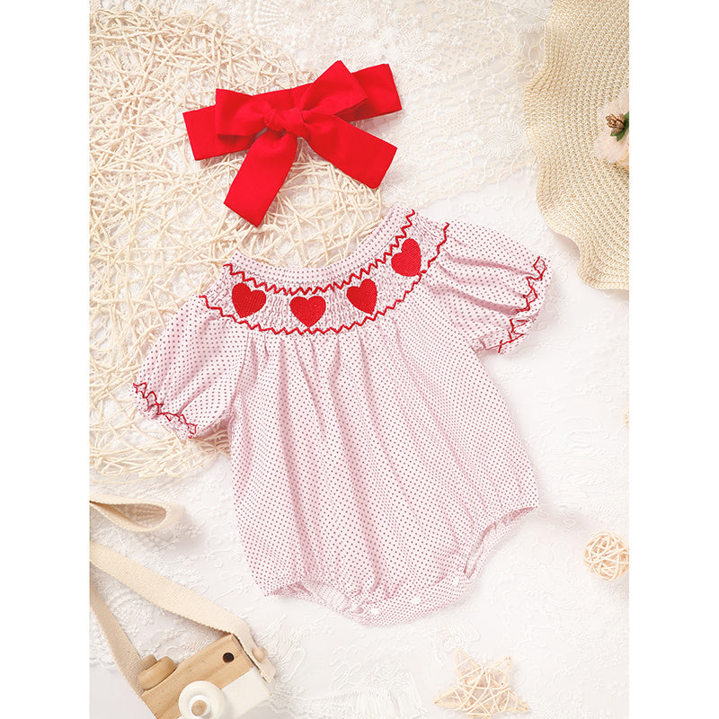 Newborn Baby Girls' Valentine's Day Smocked Romper Short Sleeve Heart Embroidery Jumpsuit Casual Cute Romper Newborn Baby Girls' Valentine's Day Smocked Romper Short Sleeve Heart Embroidery Jumpsuit Casual Cute Romper