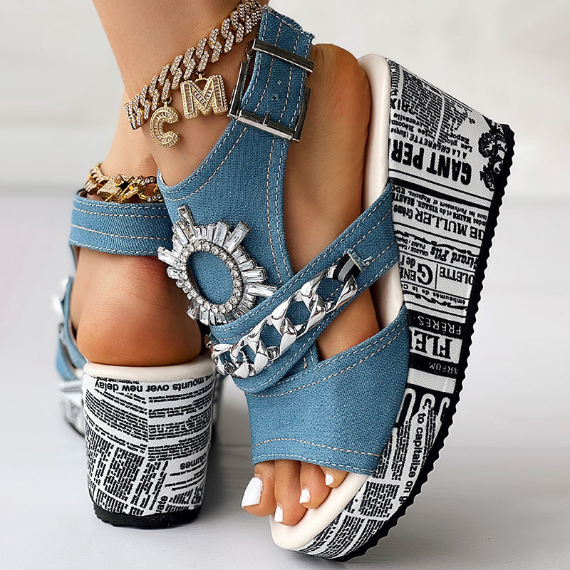 Newspaper Buckle Denim Wedge Slides - Anklet Not Included Newspaper Buckle Denim Wedge Slides - Anklet Not Included
