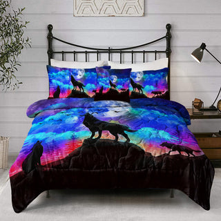 Galaxy Comforter Set Men 3D Wolf Bed Comforter Set 4 Piece Wolves Howling Bedding For Boys Retro Oil Painting Design Purple Blue And Black Bedding Set Queen King Size