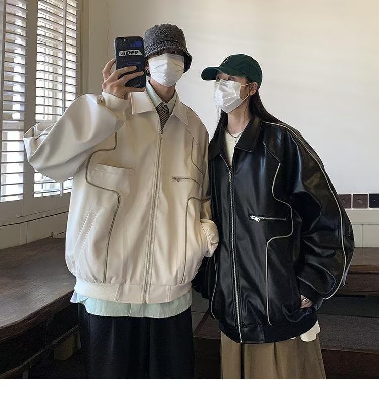 Retro Solid PU Leather Lapel Jackets For Men And Women Retro Solid PU Leather Lapel Jackets For Men And Women