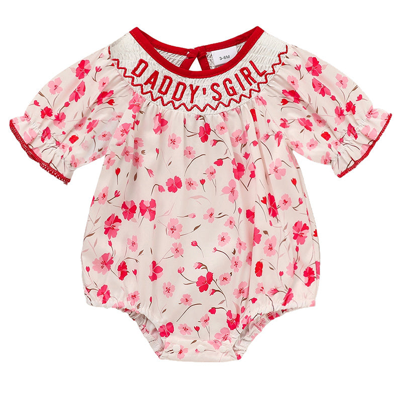 Infant Girls' Floral Smocked Romper 'DADDY'S Girl' Embroidery Short Sleeve Crew Neck Adorable Princess Party Bodysuit Infant Girls' Floral Smocked Romper 'DADDY'S Girl' Embroidery Short Sleeve Crew Neck Adorable Princess Party Bodysuit