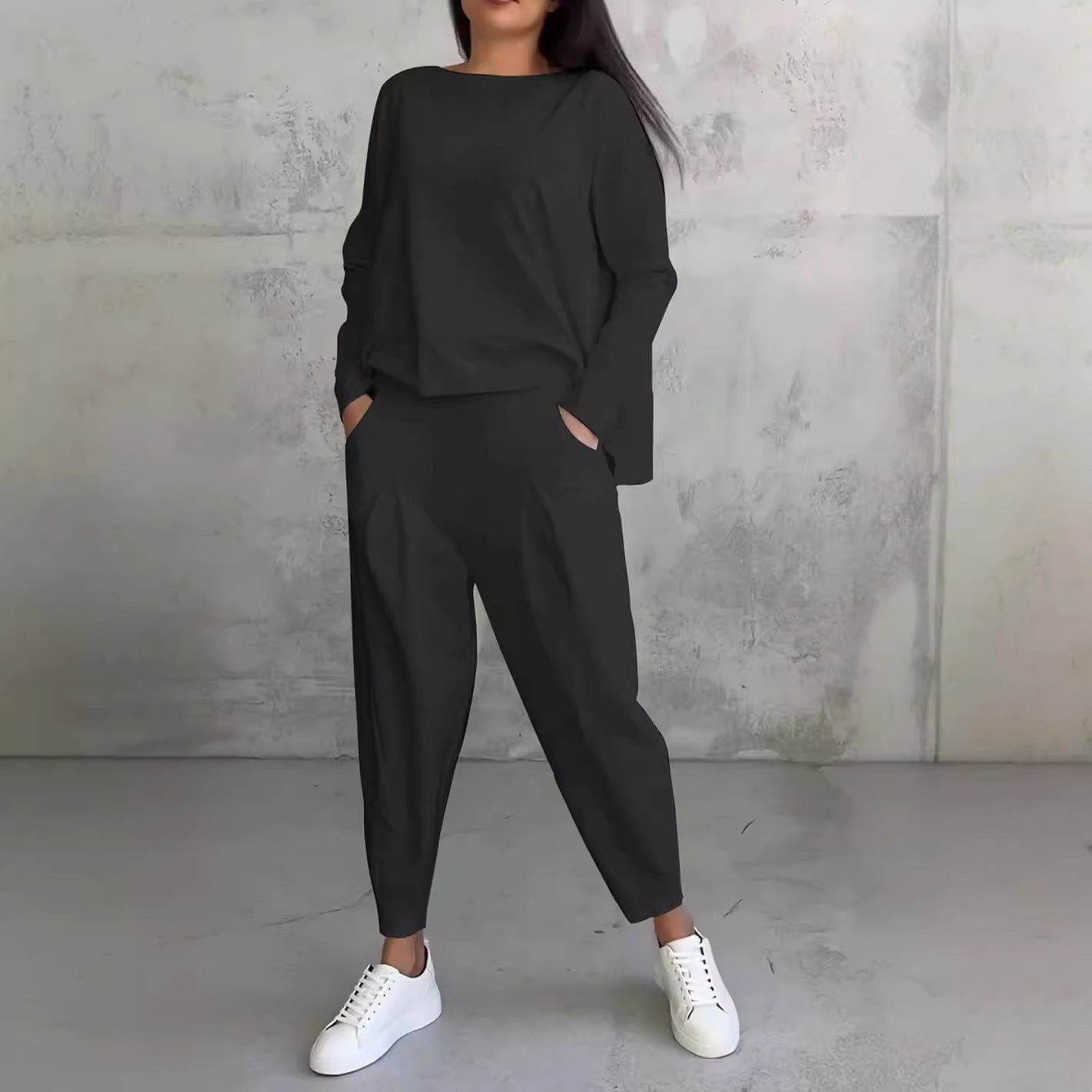 Women's Irregular Suit Long-sleeved Round Neck Top And Loose Harem Pants With Pockets Ins Fashion Trousers Set Women's Clothing Women's Irregular Suit Long-sleeved Round Neck Top And Loose Harem Pants With Pockets Ins Fashion Trousers Set Women's Clothing
