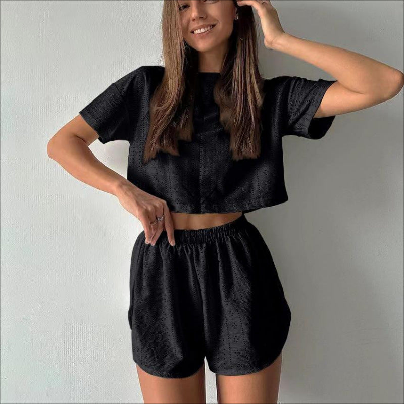 2pcs Casual Hollow Suit With Short-sleeved Crop Top And Elastic Slit Shorts Summer Fashion Sport Clothing For Women 2pcs Casual Hollow Suit With Short-sleeved Crop Top And Elastic Slit Shorts Summer Fashion Sport Clothing For Women