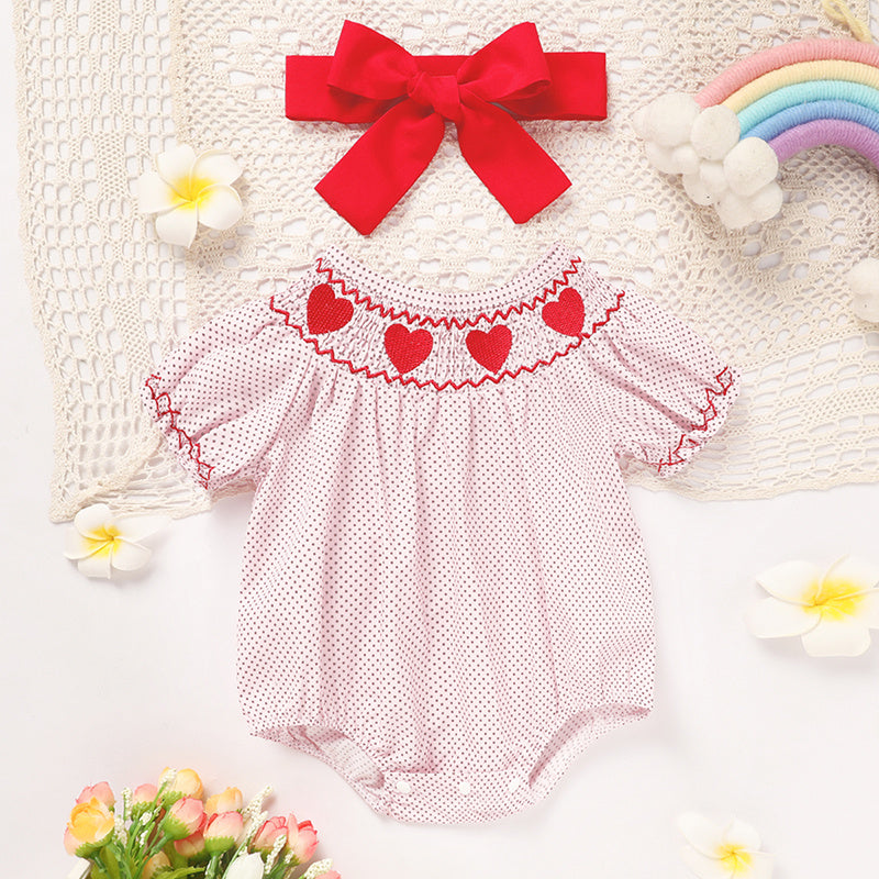Newborn Baby Girls' Valentine's Day Smocked Romper Short Sleeve Heart Embroidery Jumpsuit Casual Cute Romper Newborn Baby Girls' Valentine's Day Smocked Romper Short Sleeve Heart Embroidery Jumpsuit Casual Cute Romper