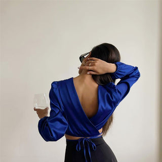 New Lace-up Backless Design Sense Short Section Sexy Navel Long-sleeved Tops Europe And The United States Women Blouses