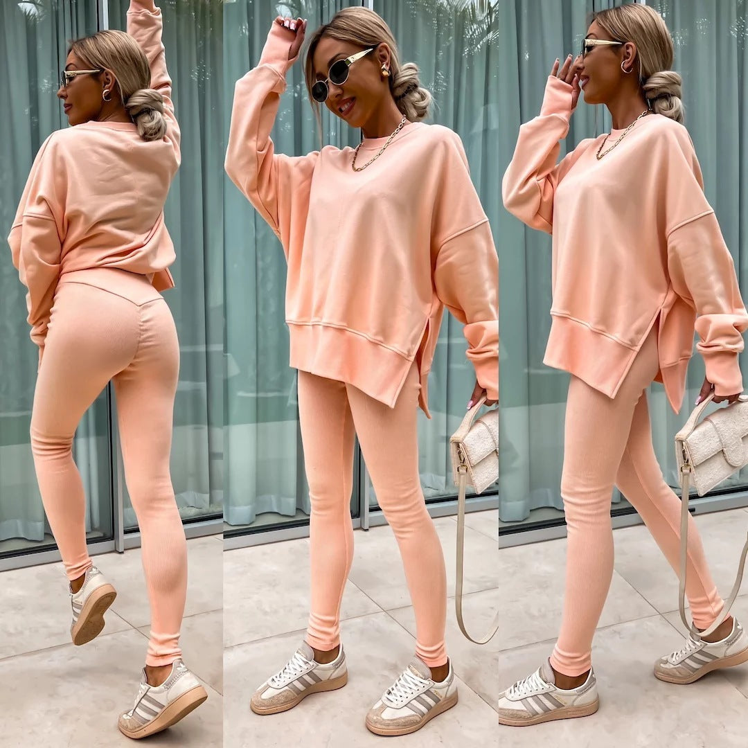 Sweater Suit Women's Casual Loose Long Sleeve Crew Neck Split Top Tight Trousers Sweater Suit Women's Casual Loose Long Sleeve Crew Neck Split Top Tight Trousers
