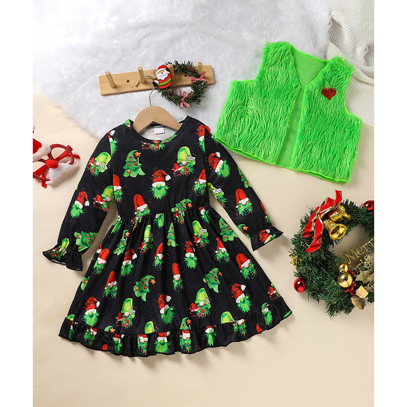 Toddler Kids Baby Girl Christmas Dress Outifts, Long Sleeves Cartoon Prints Party Dress With Heart Print Vest Coat Xmas Clothes Set Toddler Kids Baby Girl Christmas Dress Outifts, Long Sleeves Cartoon Prints Party Dress With Heart Print Vest Coat Xmas Clothes Set