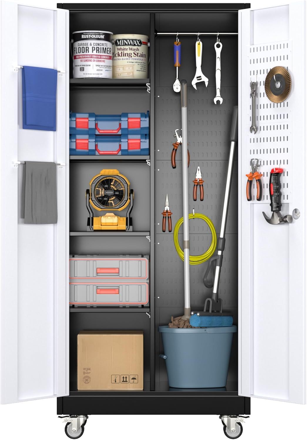 Broom Closet Storage Cabinet, Metal Cabinets With 13 Hooks And Hanging Rods, Metal Storage Cabinet, Heavy Duty Cleaning Cabinet For Garage, Laundry Room Broom Closet Storage Cabinet, Metal Cabinets With 13 Hooks And Hanging Rods, Metal Storage Cabinet, Heavy Duty Cleaning Cabinet For Garage, Laundry Room