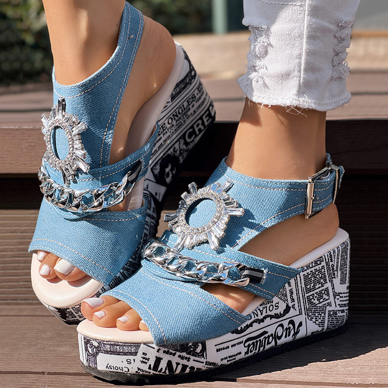 Newspaper Buckle Denim Wedge Slides - Anklet Not Included Newspaper Buckle Denim Wedge Slides - Anklet Not Included