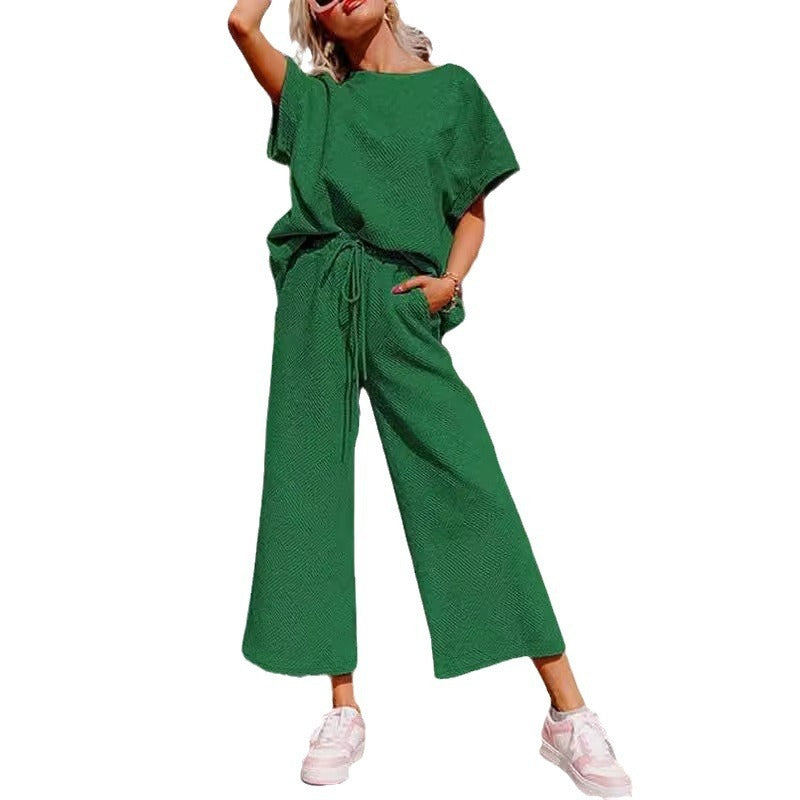 Solid Color Texture Casual Fashion Women's Wear Short-sleeved Trousers Two-piece Set Solid Color Texture Casual Fashion Women's Wear Short-sleeved Trousers Two-piece Set