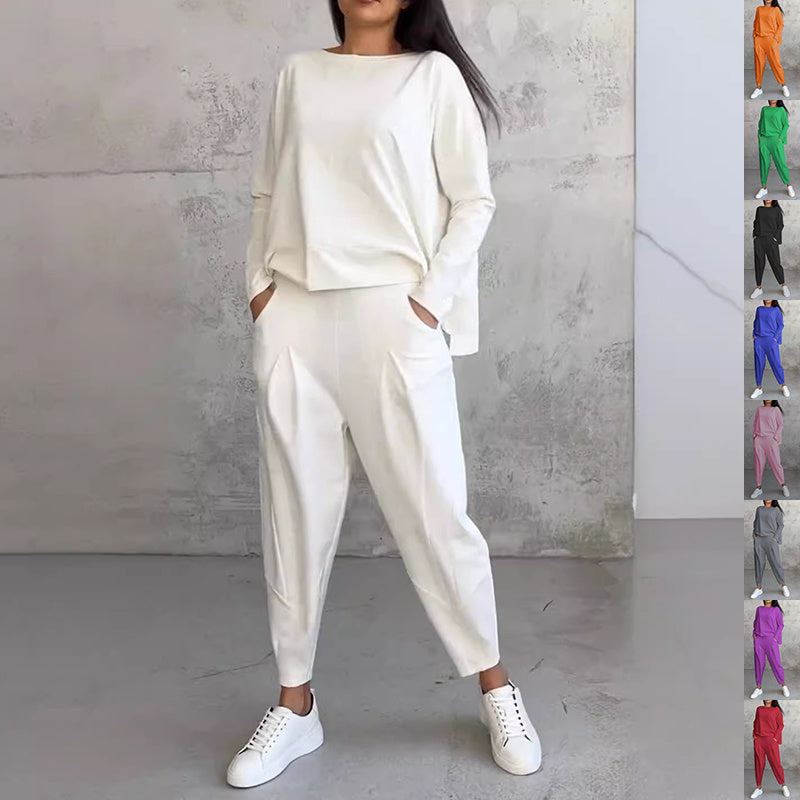 Women's Irregular Suit Long-sleeved Round Neck Top And Loose Harem Pants With Pockets Ins Fashion Trousers Set Women's Clothing Women's Irregular Suit Long-sleeved Round Neck Top And Loose Harem Pants With Pockets Ins Fashion Trousers Set Women's Clothing