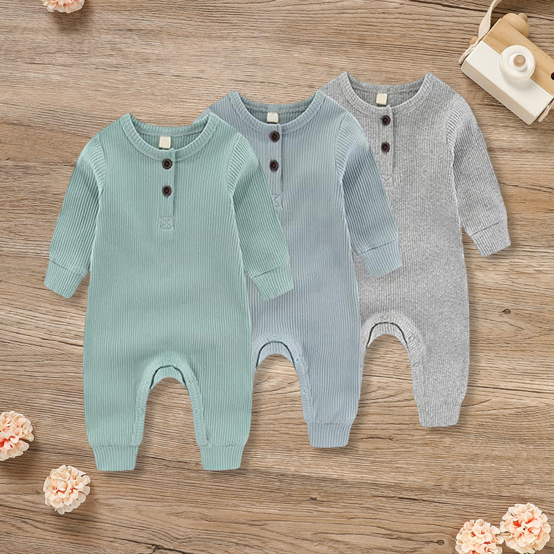 3-Pack Newborns Infants Baby Boys & Girls Long Sleeve Ribbed Romper Soft Button Front Jumpsuit 3-Pack Newborns Infants Baby Boys & Girls Long Sleeve Ribbed Romper Soft Button Front Jumpsuit