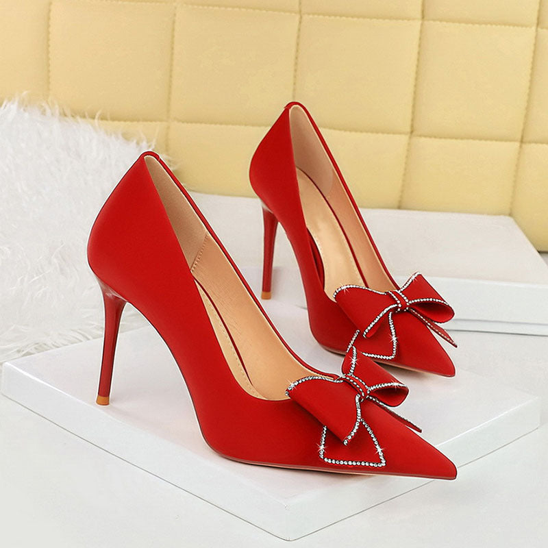 Rhinestone Bow Stiletto Heel Pumps Pointed High Heels Rhinestone Bow Stiletto Heel Pumps Pointed High Heels