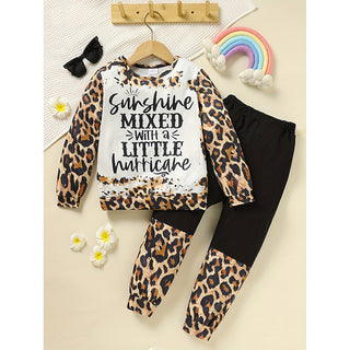 Toddler Girls Fall Winter Outfits Leopard Letter Print Crewneck Long Sleeve Sweatshirt Top & Sweatpant 2 Piece Clothing Set