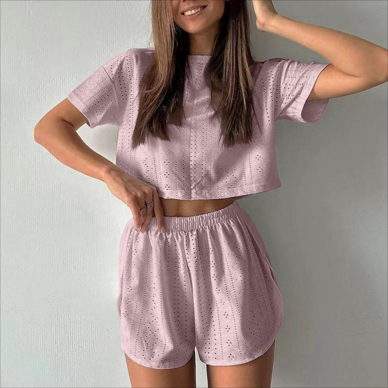 2pcs Casual Hollow Suit With Short-sleeved Crop Top And Elastic Slit Shorts Summer Fashion Sport Clothing For Women 2pcs Casual Hollow Suit With Short-sleeved Crop Top And Elastic Slit Shorts Summer Fashion Sport Clothing For Women