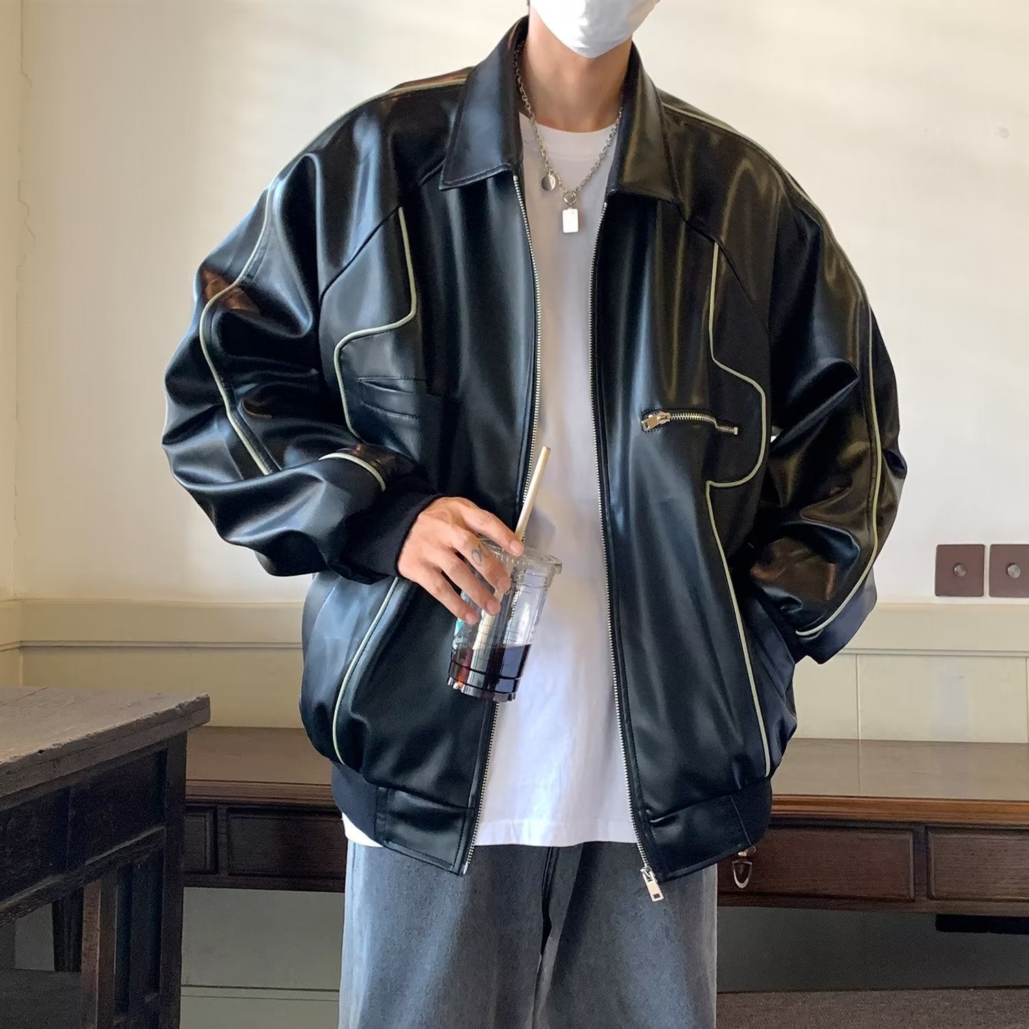 Retro Solid PU Leather Lapel Jackets For Men And Women Retro Solid PU Leather Lapel Jackets For Men And Women