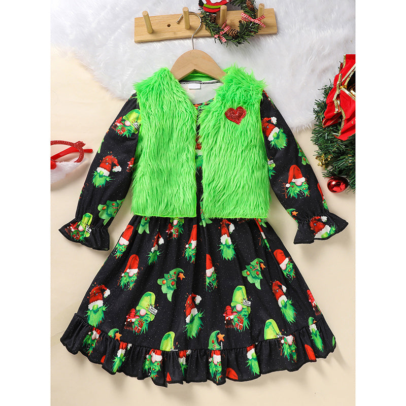 Toddler Kids Baby Girl Christmas Dress Outifts, Long Sleeves Cartoon Prints Party Dress With Heart Print Vest Coat Xmas Clothes Set Toddler Kids Baby Girl Christmas Dress Outifts, Long Sleeves Cartoon Prints Party Dress With Heart Print Vest Coat Xmas Clothes Set