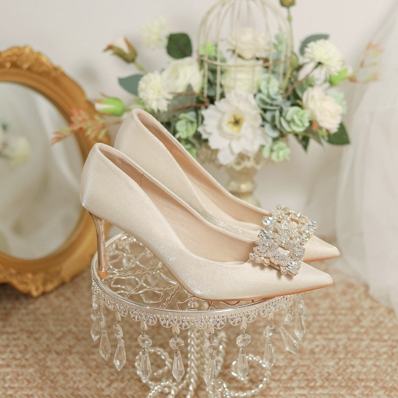Wedding Dress Two-way Wear Pointed-toe Stiletto Bride Shallow Mouth Pumps Women High Heels Wedding Dress Two-way Wear Pointed-toe Stiletto Bride Shallow Mouth Pumps Women High Heels