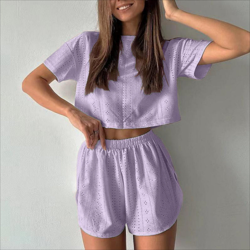 2pcs Casual Hollow Suit With Short-sleeved Crop Top And Elastic Slit Shorts Summer Fashion Sport Clothing For Women 2pcs Casual Hollow Suit With Short-sleeved Crop Top And Elastic Slit Shorts Summer Fashion Sport Clothing For Women