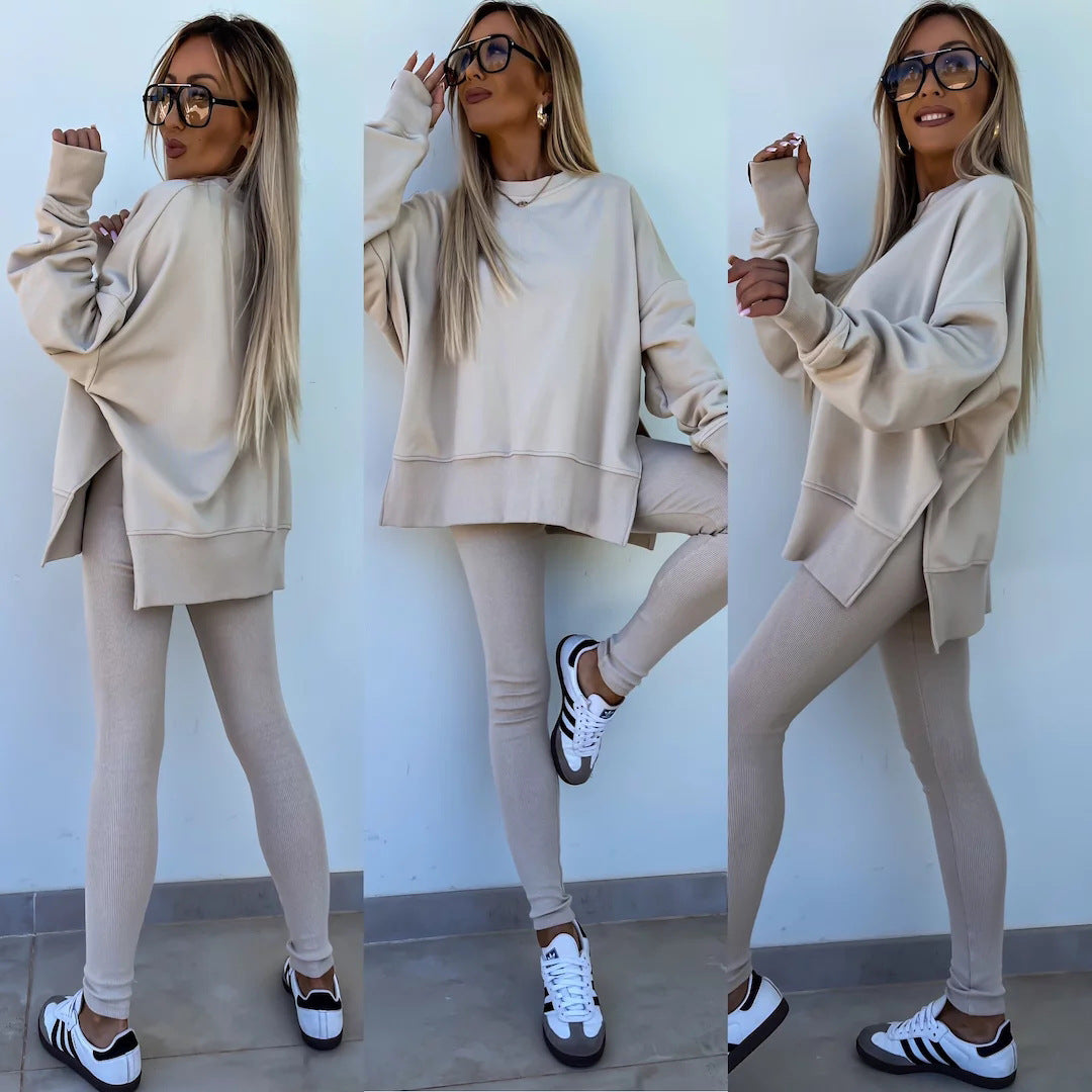 Sweater Suit Women's Casual Loose Long Sleeve Crew Neck Split Top Tight Trousers Sweater Suit Women's Casual Loose Long Sleeve Crew Neck Split Top Tight Trousers