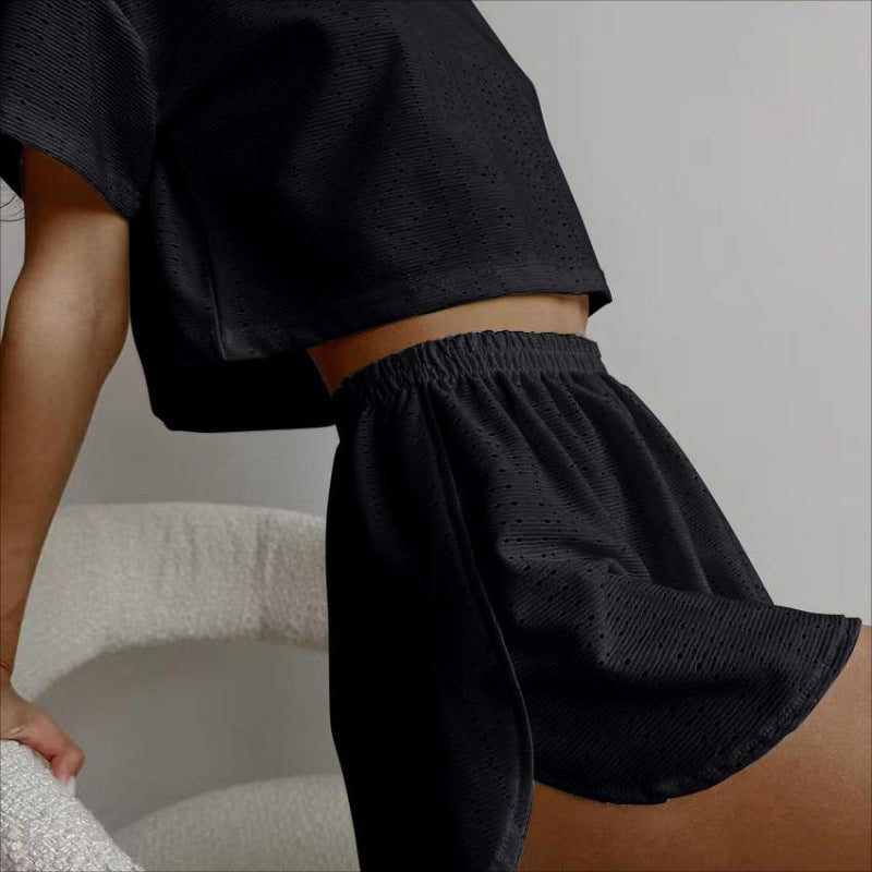 2pcs Casual Hollow Suit With Short-sleeved Crop Top And Elastic Slit Shorts Summer Fashion Sport Clothing For Women 2pcs Casual Hollow Suit With Short-sleeved Crop Top And Elastic Slit Shorts Summer Fashion Sport Clothing For Women