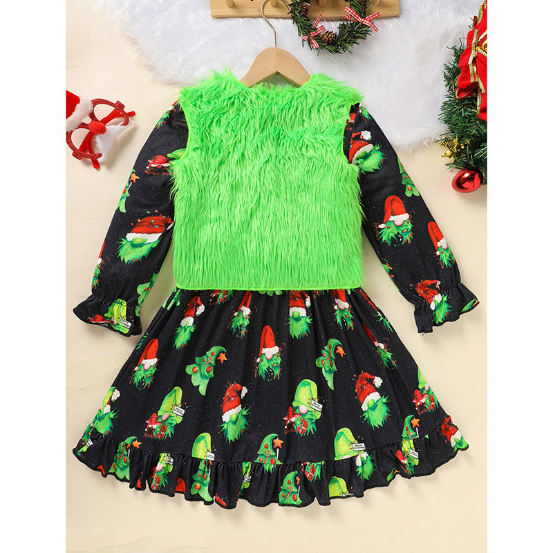 Toddler Kids Baby Girl Christmas Dress Outifts, Long Sleeves Cartoon Prints Party Dress With Heart Print Vest Coat Xmas Clothes Set Toddler Kids Baby Girl Christmas Dress Outifts, Long Sleeves Cartoon Prints Party Dress With Heart Print Vest Coat Xmas Clothes Set