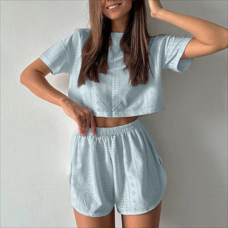 2pcs Casual Hollow Suit With Short-sleeved Crop Top And Elastic Slit Shorts Summer Fashion Sport Clothing For Women 2pcs Casual Hollow Suit With Short-sleeved Crop Top And Elastic Slit Shorts Summer Fashion Sport Clothing For Women