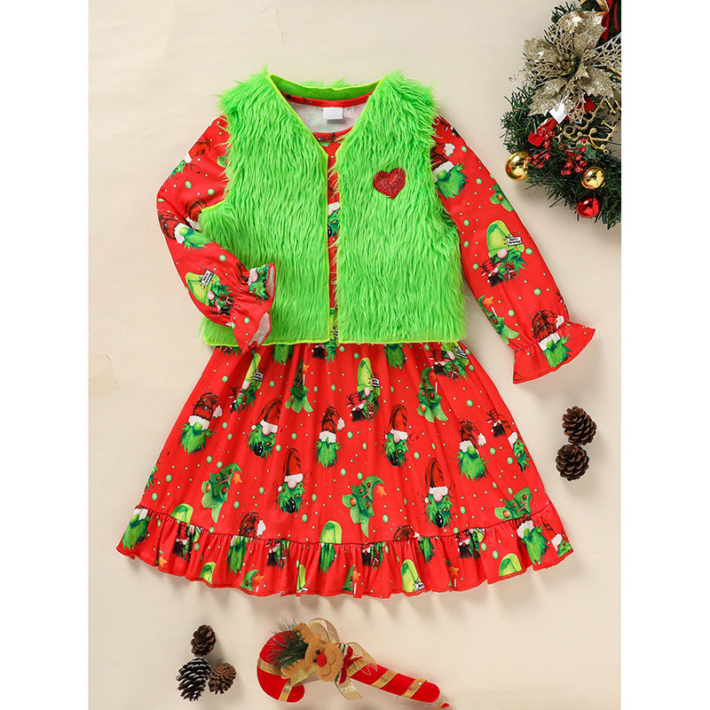 Toddler Kids Baby Girl Christmas Dress Outifts, Long Sleeves Cartoon Prints Party Dress With Heart Print Vest Coat Xmas Clothes Set Toddler Kids Baby Girl Christmas Dress Outifts, Long Sleeves Cartoon Prints Party Dress With Heart Print Vest Coat Xmas Clothes Set