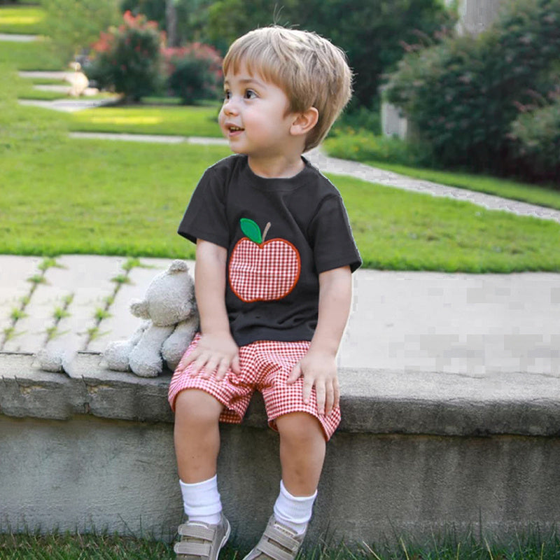 Toddler Baby Boy Back To School Outfit Summer Applique T-Shirt & Red Gingham Shorts Set Toddler Baby Boy Back To School Outfit Summer Applique T-Shirt & Red Gingham Shorts Set
