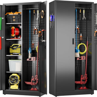 Aobabo Black Metal Cleaning Tool Storage Cabinet With Lockable Door With Keys, Adjustable Shelves, Pegboard, 13 Hooks, Broom Closet Storage Cabinet For Janitorial Supplies