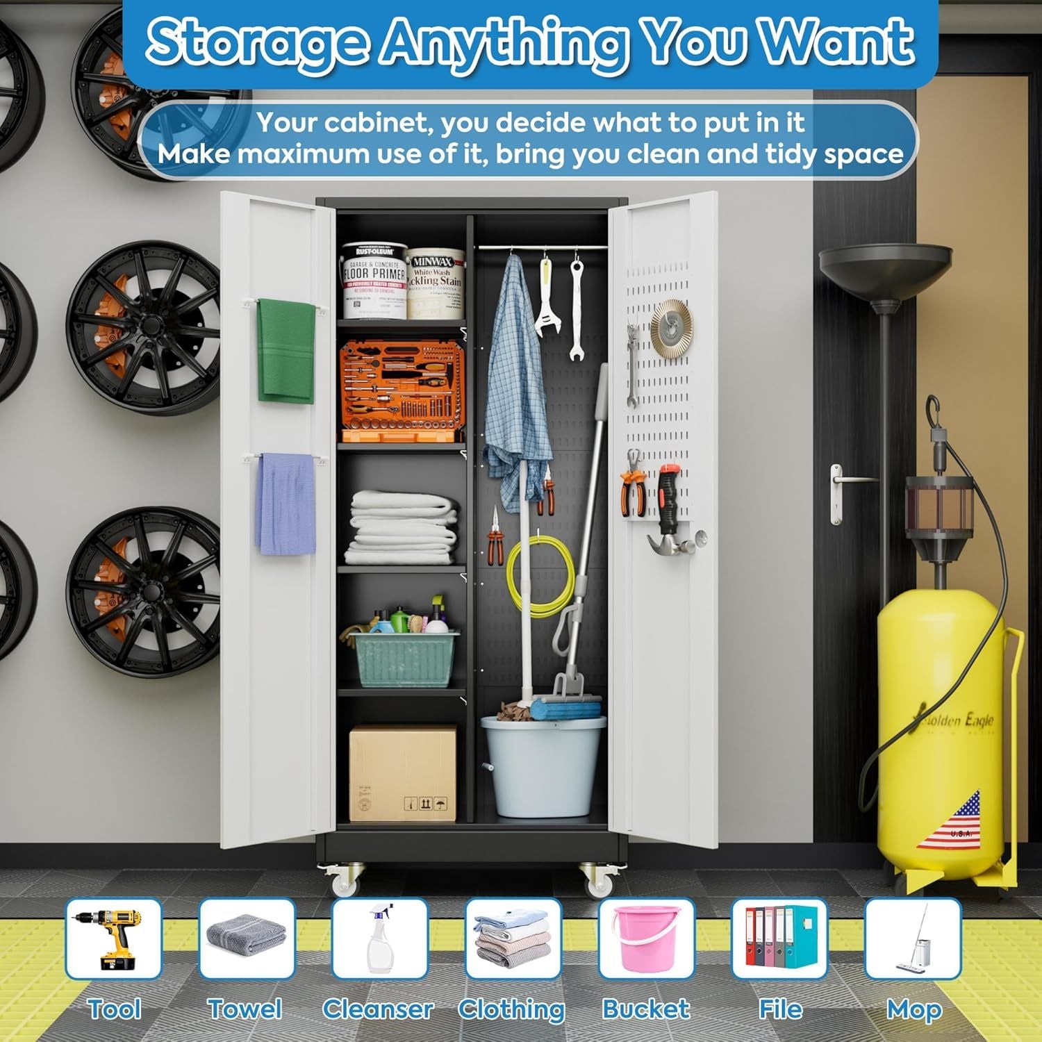 Broom Closet Storage Cabinet, Metal Cabinets With 13 Hooks And Hanging Rods, Metal Storage Cabinet, Heavy Duty Cleaning Cabinet For Garage, Laundry Room Broom Closet Storage Cabinet, Metal Cabinets With 13 Hooks And Hanging Rods, Metal Storage Cabinet, Heavy Duty Cleaning Cabinet For Garage, Laundry Room