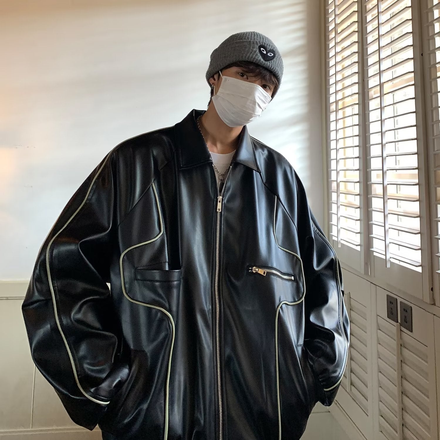 Retro Solid PU Leather Lapel Jackets For Men And Women Retro Solid PU Leather Lapel Jackets For Men And Women