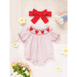 Newborn Baby Girls' Valentine's Day Smocked Romper Short Sleeve Heart Embroidery Jumpsuit Casual Cute Romper