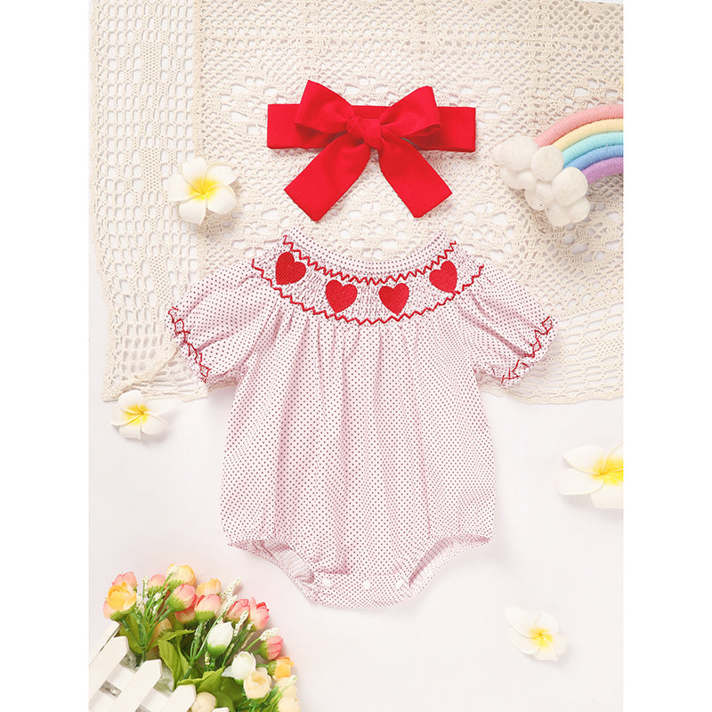 Newborn Baby Girls' Valentine's Day Smocked Romper Short Sleeve Heart Embroidery Jumpsuit Casual Cute Romper Newborn Baby Girls' Valentine's Day Smocked Romper Short Sleeve Heart Embroidery Jumpsuit Casual Cute Romper