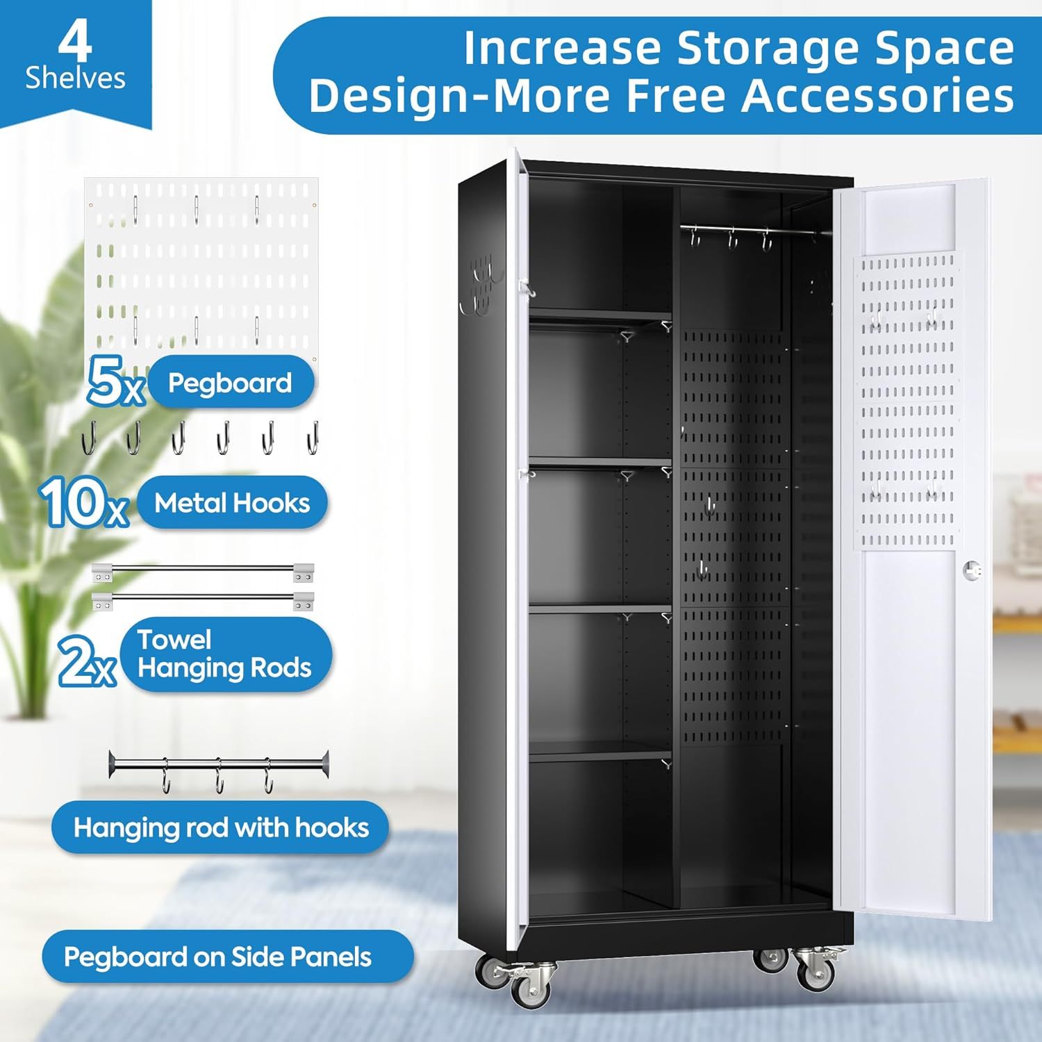Broom Closet Storage Cabinet, Metal Cabinets With 13 Hooks And Hanging Rods, Metal Storage Cabinet, Heavy Duty Cleaning Cabinet For Garage, Laundry Room Broom Closet Storage Cabinet, Metal Cabinets With 13 Hooks And Hanging Rods, Metal Storage Cabinet, Heavy Duty Cleaning Cabinet For Garage, Laundry Room