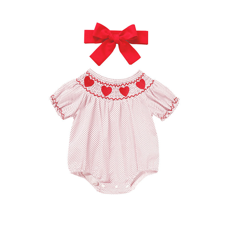 Newborn Baby Girls' Valentine's Day Smocked Romper Short Sleeve Heart Embroidery Jumpsuit Casual Cute Romper Newborn Baby Girls' Valentine's Day Smocked Romper Short Sleeve Heart Embroidery Jumpsuit Casual Cute Romper