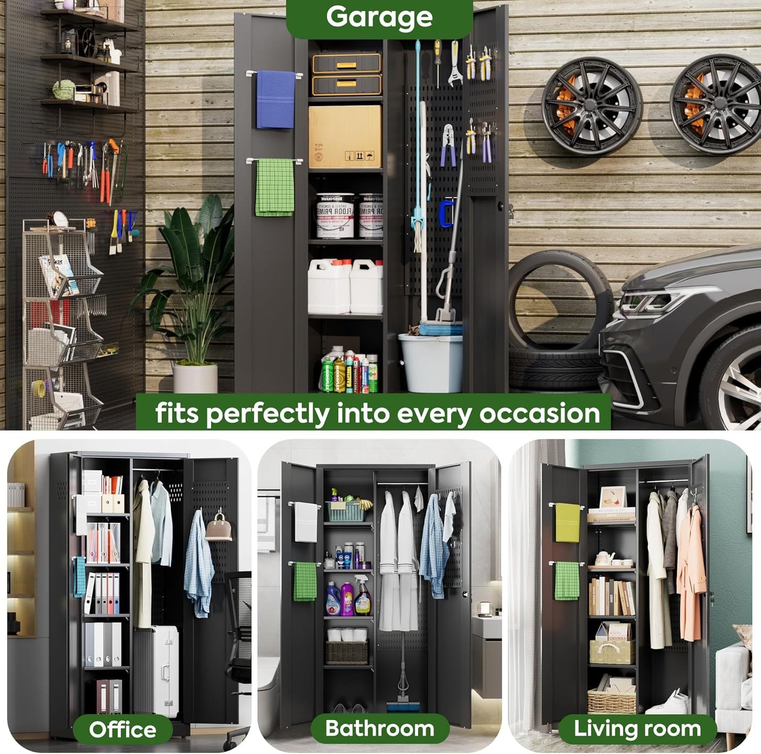 Aobabo Black Metal Cleaning Tool Storage Cabinet With Lockable Door With Keys, Adjustable Shelves, Pegboard, 13 Hooks, Broom Closet Storage Cabinet For Janitorial Supplies Aobabo Black Metal Cleaning Tool Storage Cabinet With Lockable Door With Keys, Adjustable Shelves, Pegboard, 13 Hooks, Broom Closet Storage Cabinet For Janitorial Supplies