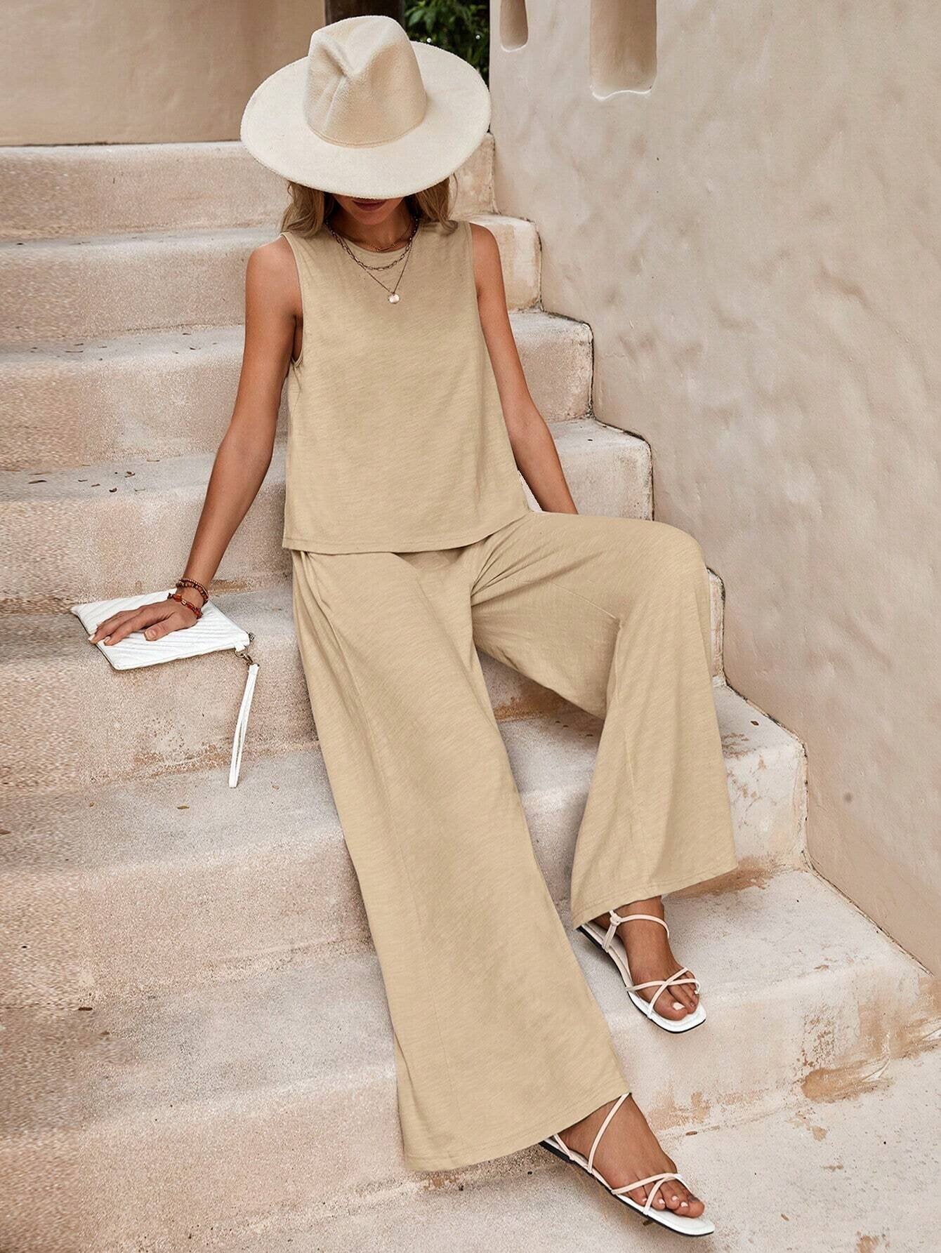 Solid Color Casual Loose Pants Sets For Women Elegant Spring Summer Women's Two Pieces Suit Full Trouser Set Female Outfit Clothes Solid Color Casual Loose Pants Sets For Women Elegant Spring Summer Women's Two Pieces Suit Full Trouser Set Female Outfit Clothes