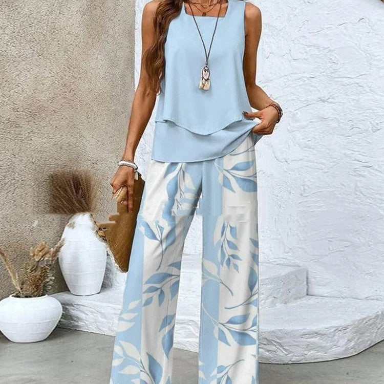 Print Suits Sleeveless Double-layer Vest And Loose Straight Pants Womens Clothing Print Suits Sleeveless Double-layer Vest And Loose Straight Pants Womens Clothing