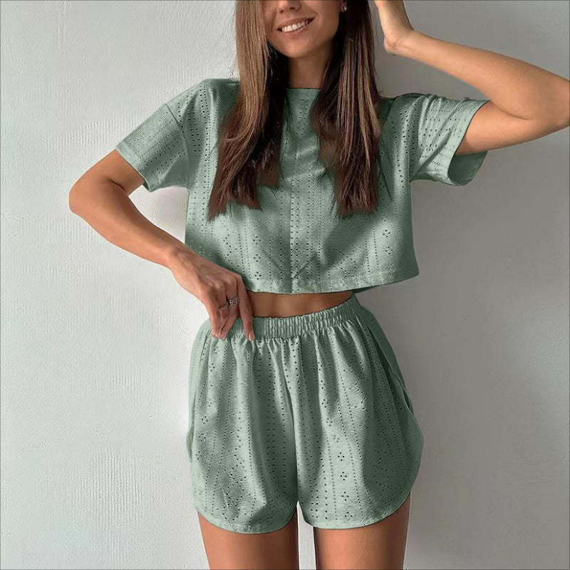2pcs Casual Hollow Suit With Short-sleeved Crop Top And Elastic Slit Shorts Summer Fashion Sport Clothing For Women 2pcs Casual Hollow Suit With Short-sleeved Crop Top And Elastic Slit Shorts Summer Fashion Sport Clothing For Women