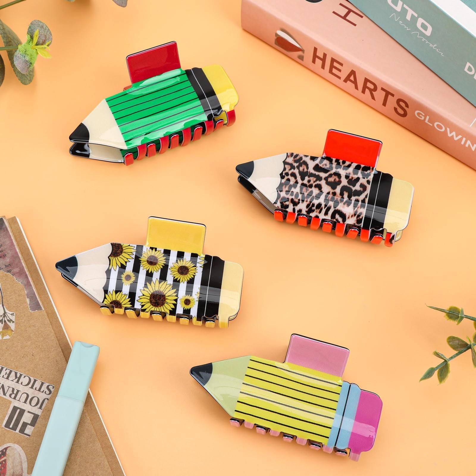 4Pcs Pencil Hair Clips Back To School Hair Accessories For Women Sunflower Leopard Stripe Hair Claw Clips Non Slip Hairpin For Thick Thin Hair School Opens Season Teachers Outfit Decor Clearance 4Pcs Pencil Hair Clips Back To School Hair Accessories For Women Sunflower Leopard Stripe Hair Claw Clips Non Slip Hairpin For Thick Thin Hair School Opens Season Teachers Outfit Decor Clearance