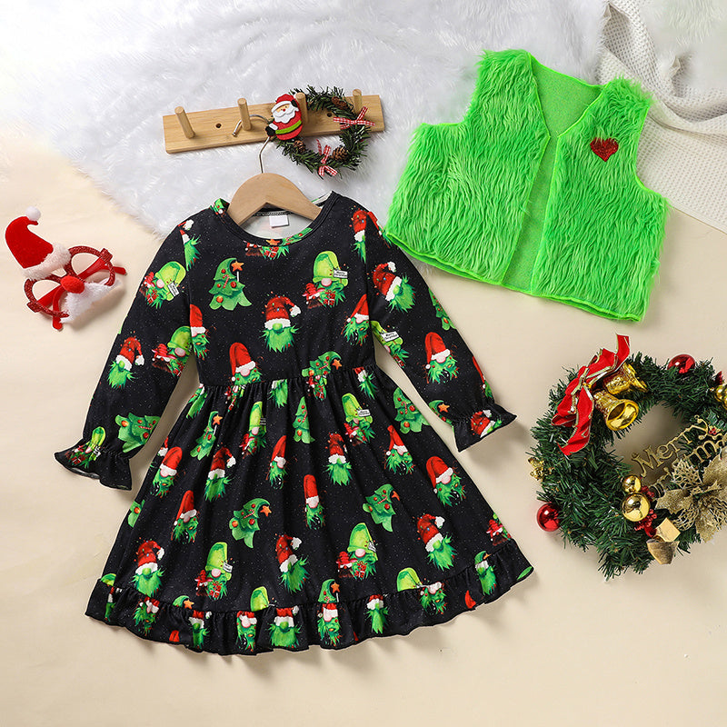 Toddler Kids Baby Girl Christmas Dress Outifts, Long Sleeves Cartoon Prints Party Dress With Heart Print Vest Coat Xmas Clothes Set Toddler Kids Baby Girl Christmas Dress Outifts, Long Sleeves Cartoon Prints Party Dress With Heart Print Vest Coat Xmas Clothes Set