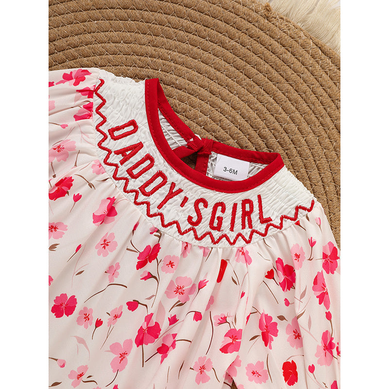 Infant Girls' Floral Smocked Romper 'DADDY'S Girl' Embroidery Short Sleeve Crew Neck Adorable Princess Party Bodysuit Infant Girls' Floral Smocked Romper 'DADDY'S Girl' Embroidery Short Sleeve Crew Neck Adorable Princess Party Bodysuit