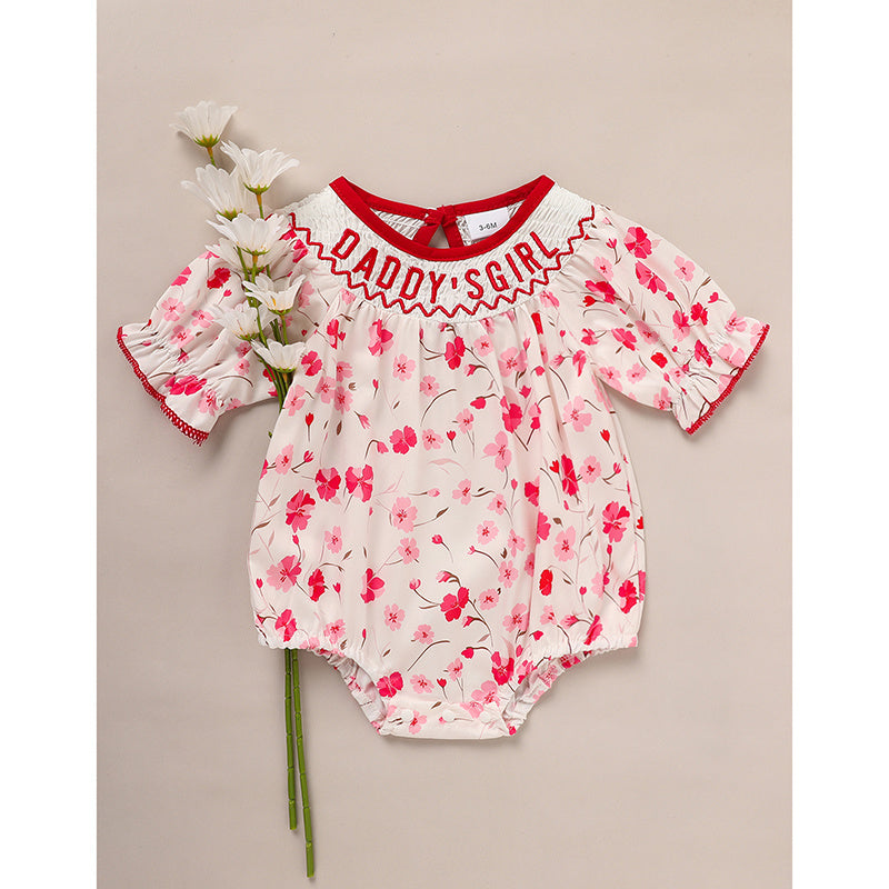 Infant Girls' Floral Smocked Romper 'DADDY'S Girl' Embroidery Short Sleeve Crew Neck Adorable Princess Party Bodysuit Infant Girls' Floral Smocked Romper 'DADDY'S Girl' Embroidery Short Sleeve Crew Neck Adorable Princess Party Bodysuit