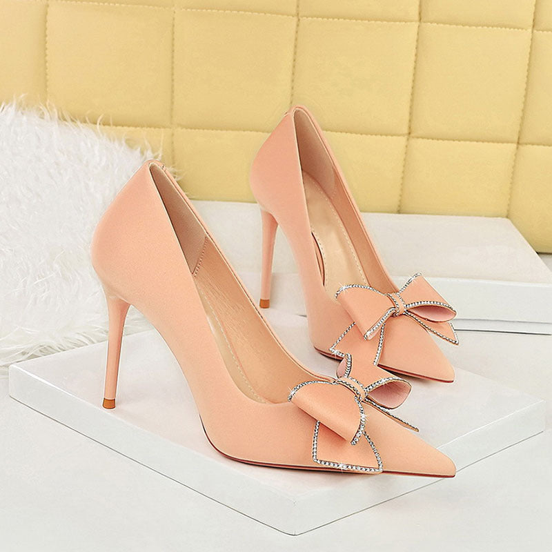 Rhinestone Bow Stiletto Heel Pumps Pointed High Heels Rhinestone Bow Stiletto Heel Pumps Pointed High Heels