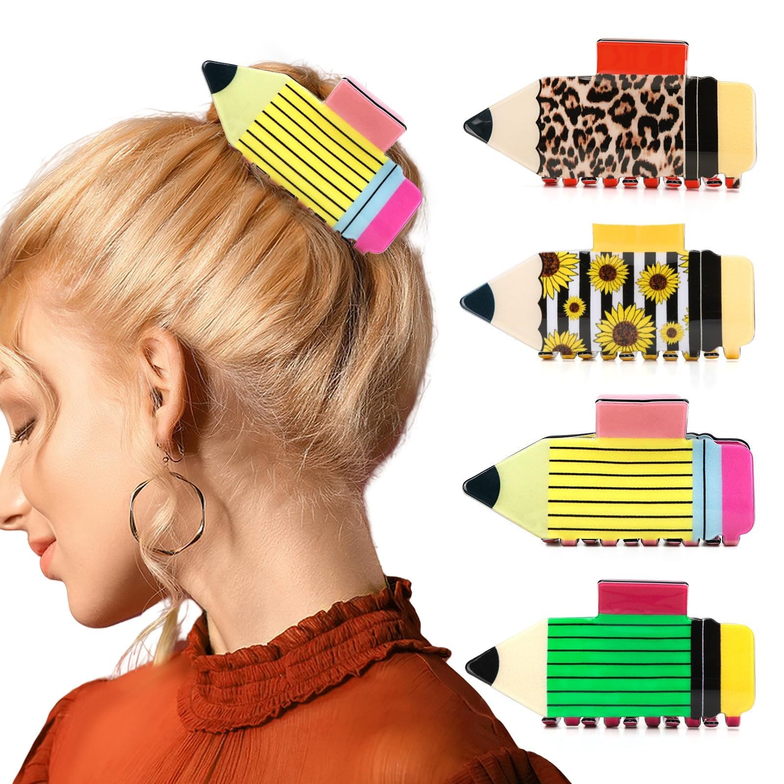 4Pcs Pencil Hair Clips Back To School Hair Accessories For Women Sunflower Leopard Stripe Hair Claw Clips Non Slip Hairpin For Thick Thin Hair School Opens Season Teachers Outfit Decor Clearance 4Pcs Pencil Hair Clips Back To School Hair Accessories For Women Sunflower Leopard Stripe Hair Claw Clips Non Slip Hairpin For Thick Thin Hair School Opens Season Teachers Outfit Decor Clearance